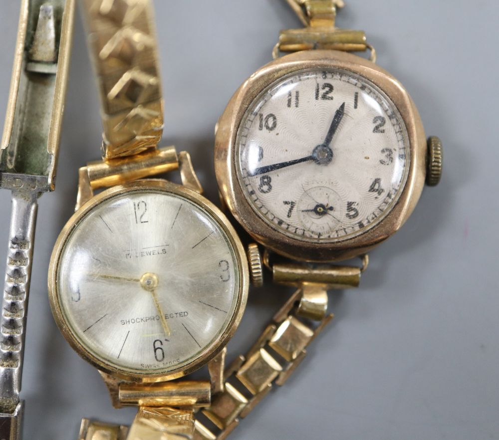 Two ladys 9ct gold cased manual wind wrist watches on gold plated straps, gross 28.9 grams.